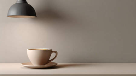 Elegant minimalist setup with coffee cup against plain muted backdrop, cozy cafe lighting and clean modern compositionの素材