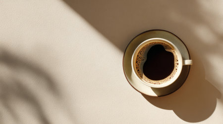 Minimalist flat lay of coffee cup on neutral background, soft cafe lighting and cozy modern aestheticの素材