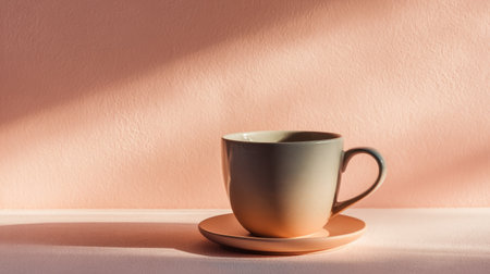 Minimal coffee cup display on plain pastel backdrop, warm tones and soft light reflecting cozy cafe ambianceの素材