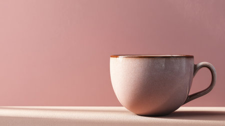 Elegant ceramic coffee cup positioned on solid soft-toned background, cozy minimalist cafe atmosphere and subtle lightingの素材