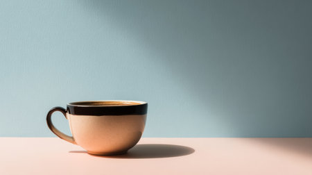 Minimalist cafe concept featuring a ceramic coffee cup against a plain pastel background, elegant composition and soft shadowsの素材