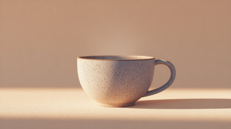 Warm and minimal coffee scene featuring a ceramic cup against plain background, cozy cafe-inspired styleの素材