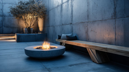 Outdoor relaxation corner with concrete fire pit glowing at dusk, minimalist wood bench and textured concrete wallの素材