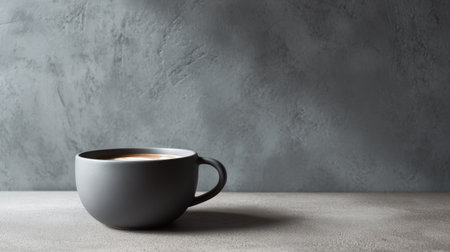 Simple coffee scene with matte ceramic cup on solid gray background, stylish minimalist cafe aesthetic with soft textureの素材