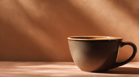 Simple and elegant coffee cup on solid light brown background, cozy modern cafe setting with soft warm lightingの素材
