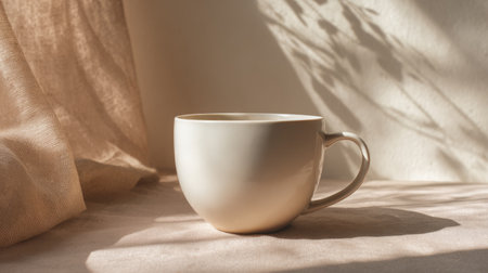 White porcelain coffee cup placed on solid neutral backdrop, cozy cafe vibe with modern minimalist design and gentle morning lightの素材
