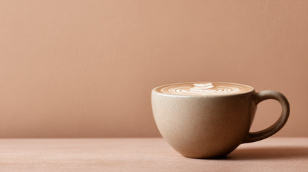 Simple and elegant coffee cup on solid light brown background, cozy modern cafe setting with soft warm lightingの素材
