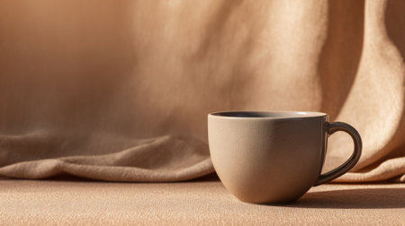 Simple and elegant coffee cup on solid light brown background, cozy modern cafe setting with soft warm lightingの素材