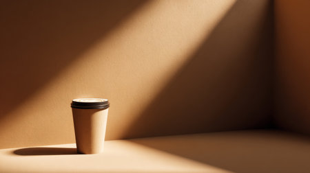 Single coffee cup resting on smooth solid background, warm tones and minimalist cafe interior moodの素材