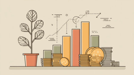 Abstract flat design of profit and portfolio growth, combining chart lines, coins, and a small sprouting treeの素材