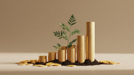 Abstract illustration of upward trending graphs with golden coins and a green plant sprouting from soil, symbolizing sustainable financial growthの素材