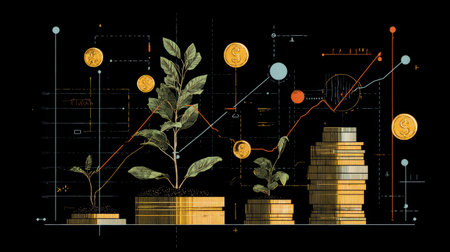 Abstract flat design of profit and portfolio growth, combining chart lines, coins, and a small sprouting treeの素材