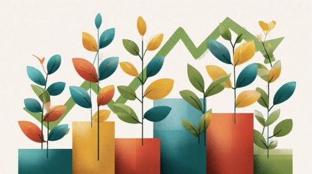 Colorful illustration of growing plant with upward graph, symbol of financial prosperity and long-term investment growthの素材