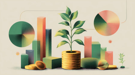 Abstract economy illustration, layered charts with plant sprouting from coins symbolizing success and long-term profitの素材