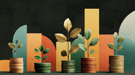 Abstract economy illustration, layered charts with plant sprouting from coins symbolizing success and long-term profitの素材