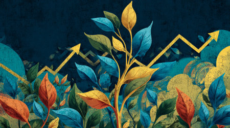 Colorful illustration of growing plant with upward graph, symbol of financial prosperity and long-term investment growthの素材