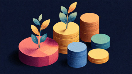 Abstract economy illustration, layered charts with plant sprouting from coins symbolizing success and long-term profitの素材