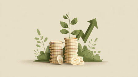Abstract minimal vector showing plant sprouting from coin stack with rising graph arrow representing wealth and sustainabilityの素材