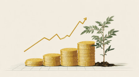 Investment success illustration, golden coins stacked beneath an upward graph and a plant growing from financial stabilityの素材