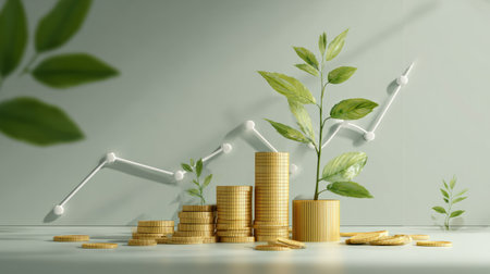 Vector scene of economic progress, green plant growing from coins with ascending graph line backgroundの素材