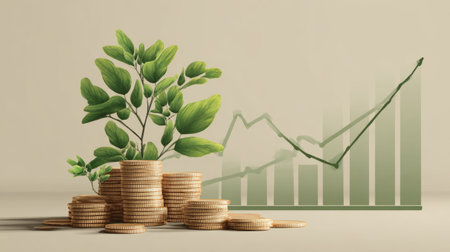 Vector scene of economic progress, green plant growing from coins with ascending graph line backgroundの素材