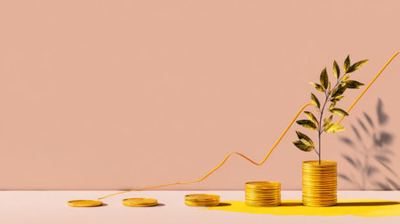 Minimalist abstract financial background with coins, growth line, and symbolic plant representing sustainable portfolioの素材