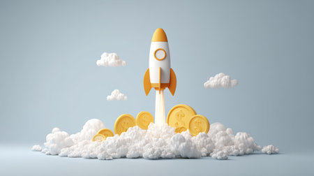 2D flat illustration of gold coin rocket lifting off, creative metaphor for economic rise and business successの素材