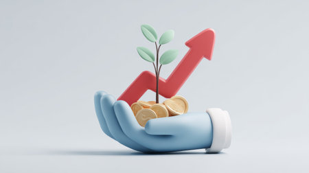 Business investment concept showing stylized 3D hand in blue suit holding coins, green sapling, and red rising arrow, success symbolの素材