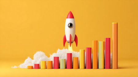 3D illustration of a rocket launching upward over a colorful growing bar chart, symbolizing rapid business growth, investment success, and financial progressの素材
