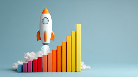 3D illustration of a rocket launching upward over a colorful growing bar chart, symbolizing rapid business growth, investment success, and financial progressの素材