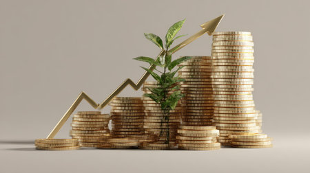 3D visualization of golden coin stacks with green plant and upward arrow, representing prosperity and economic growthの素材