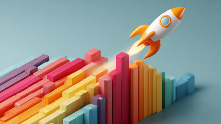 Dynamic 3D illustration of rocket flying above multicolor bars increasing in height, representing economic growth and successの素材