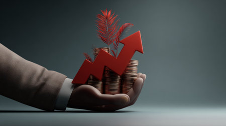 Elegant 3D illustration of a hand in suit clutching coins topped with plant and red upward arrow, finance and investment themeの素材