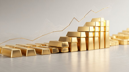 3D scene of golden bars with rising line chart overlay, illustrating investment growth and wealth accumulation conceptの素材