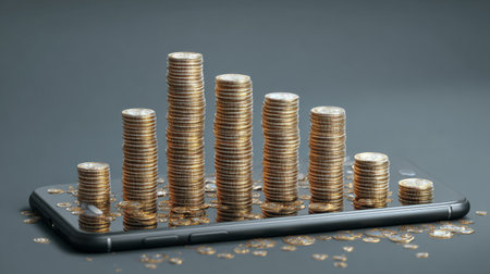 Conceptual 3D art showing smartphone producing stacks of coins, symbolizing digital profit, online business growthの素材