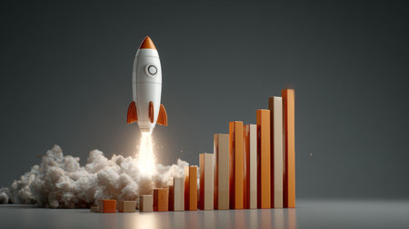 Dynamic 3D render of rocket taking off over rising bar graphs, symbolizing rapid financial growth and corporate achievementの素材