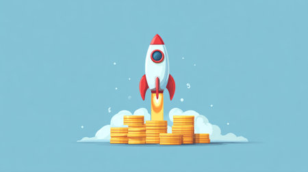 Flat, colorful rocket illustration taking off from coin foundation, creative financial success and growth conceptの素材