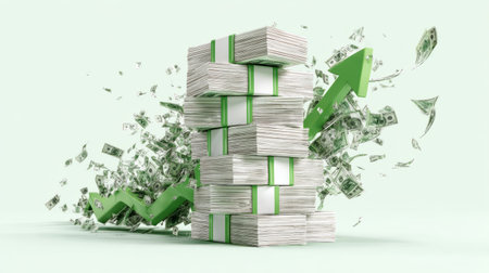 Conceptual 3D money and green arrows indicating growth and prosperity, isolated transparent background, finance conceptの素材