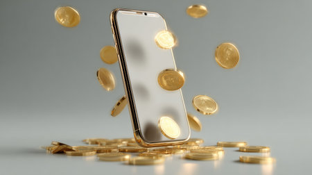 Elegant 3D render of smartphone with golden coins emerging upward, concept of e-commerce profit and investment successの素材