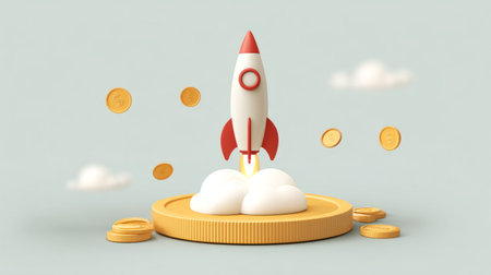Creative flat vector of a rocket taking off from a golden coin, representing fast investment growth and economic potentialの素材