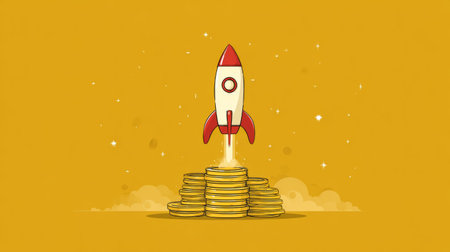Flat design illustration of a rocket launching from a gold coin base, symbolizing high-growth investments and financial success, dynamic and inspiring styleの素材