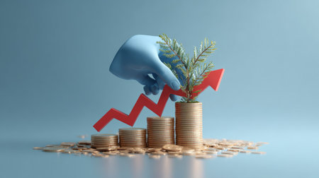 Futuristic finance background featuring 3D hand in blue sleeve lifting coins with plant growth and red arrow upward, prosperity conceptの素材