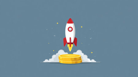 Creative flat design of rocket lifting off a golden coin, symbol of rapid profit, market growth, and success inspirationの素材