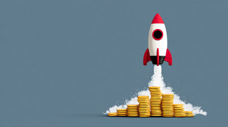 Flat graphic of rocket launch powered by coin, creative concept symbolizing high financial returns and business progressの素材