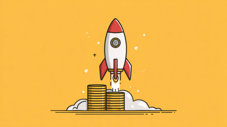 Flat design illustration of a rocket launching from a gold coin base, symbolizing high-growth investments and financial success, dynamic and inspiring styleの素材