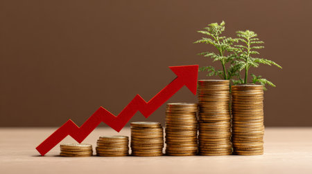 Gold coin piles arranged with a green plant on top and rising red graph, symbolizing economic expansion and successの素材