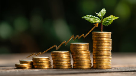 Gold coins stacked with rising chart and green sprout, financial success, profit increase, and market optimism conceptの素材