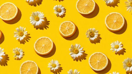 Bright yellow flowers scattered among citrus slices in flat lay food pattern, playful modern summer concept, stock image designの素材