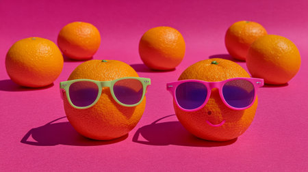 Creative flat lay with oranges styled as characters wearing colorful sunglasses on vivid pink backdrop, playful stock conceptの素材