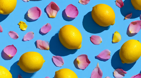 Artistic fruit pattern of lemons paired with flower petals on bright blue background, cheerful flat lay composition, minimal summer vibeの素材